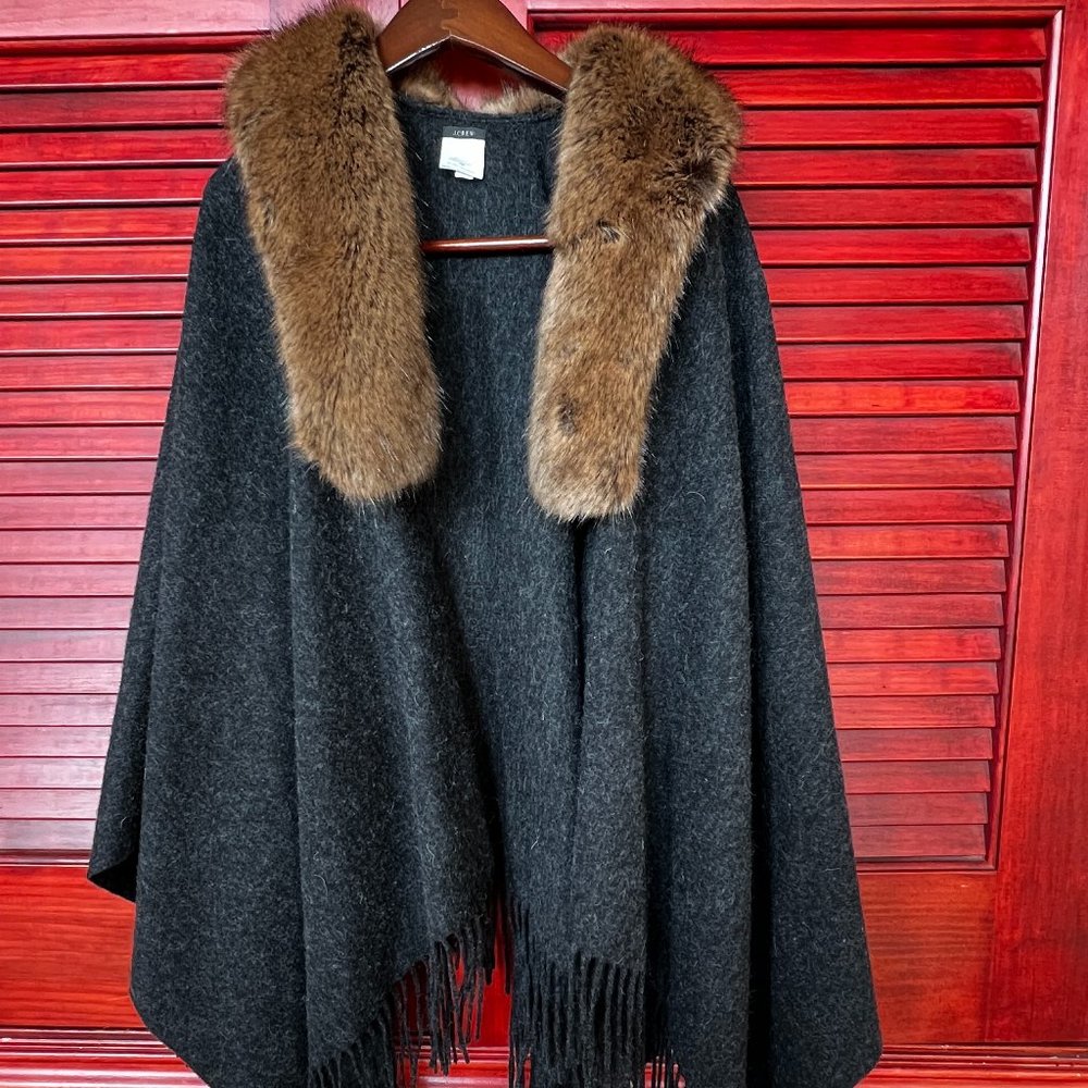 Wool poncho style wrap with faux-fur color, fringe, JCrew